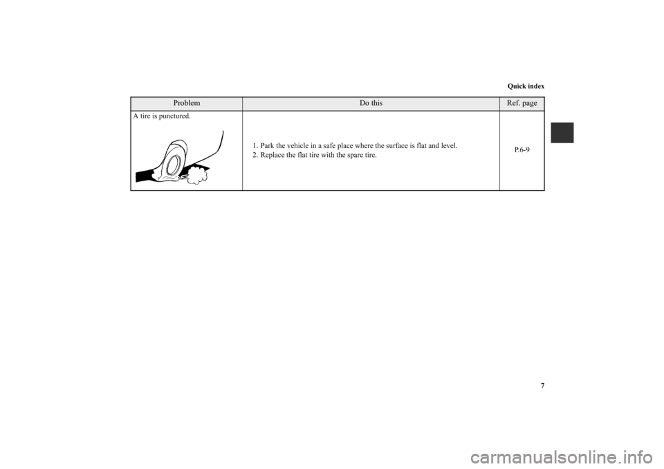 MITSUBISHI LANCER RALLIART 2013 8.G Owners Manual Quick index
7
A tire is punctured.
1. Park the vehicle in a safe place where the surface is flat and level.
2. Replace the flat tire with the spare tire.P. 6 - 9
Problem 
Do this
Ref. page 
BK0150800U