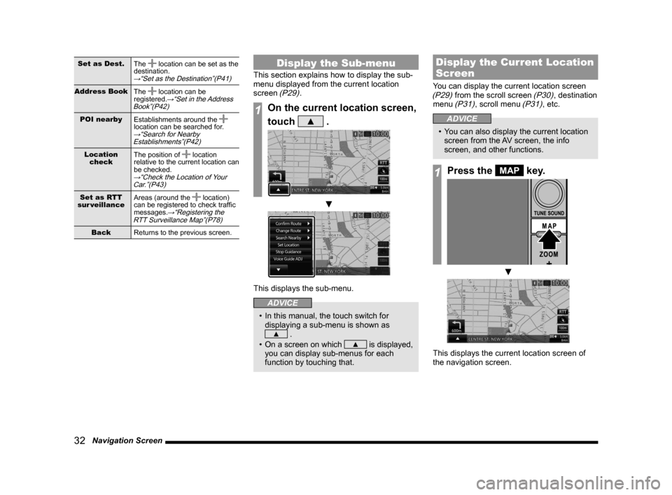 MITSUBISHI LANCER RALLIART 2014 8.G MMCS Manual 32   Navigation Screen
Set as Dest.
The  location can be set as the 
destination.
→“Set as the Destination”(P41)
Address Book The  location can be 
registered.→“Set in the Address 
Book”(P