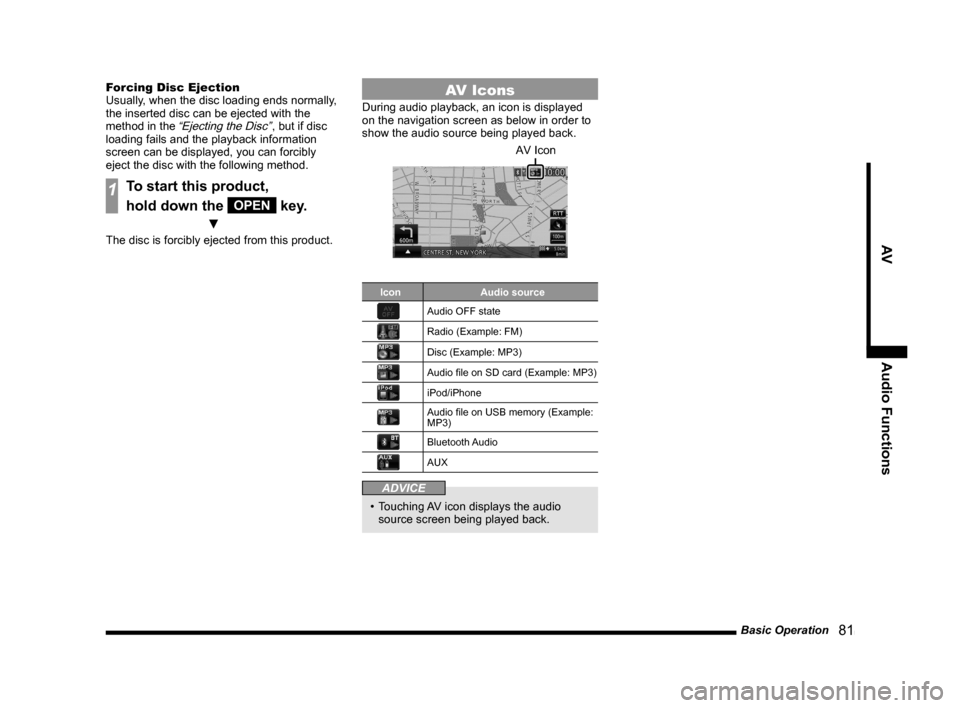 MITSUBISHI LANCER RALLIART 2014 8.G MMCS Manual Basic Operation   81
AV Audio Functions
Forcing Disc Ejection
Usually, when the disc loading ends normally, 
the inserted disc can be ejected with the 
method in the 
“Ejecting the Disc”, but if d