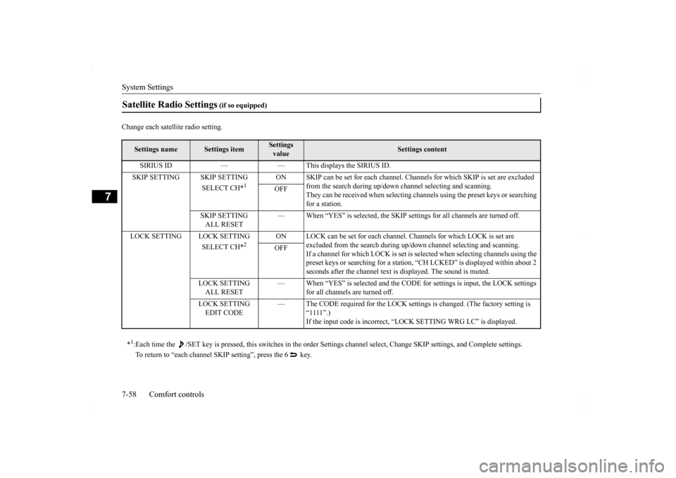 MITSUBISHI LANCER RALLIART 2014 8.G Owners Manual System Settings 7-58 Comfort controls
7
Change each satellite radio setting.Satellite Radio Settings
 (if so equipped)
Settings name
Settings item
Settings  value
Settings content 
SIRIUS ID — — T