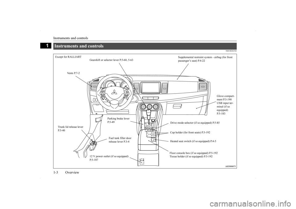 MITSUBISHI LANCER RALLIART 2014 8.G Owners Manual Instruments and controls 1-3 Overview
1
N00100202502
Instruments and controls Except for RALLIART 
Supplemental restraint sy 
stem - airbag (for front  
passenger’s seat) P.4-22 
Gearshift or select