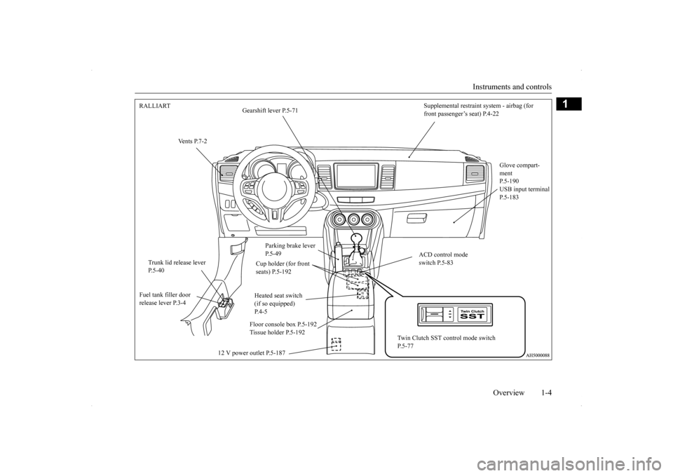 MITSUBISHI LANCER RALLIART 2014 8.G Owners Manual Instruments and controls 
Overview 1-4
1
Supplemental restraint system - airbag (for  front passenger’s seat) P.4-22 
RALLIART 
Gearshift lever P.5-71 
Vents P.7-2 
Glove compart- ment P.5-190USB in