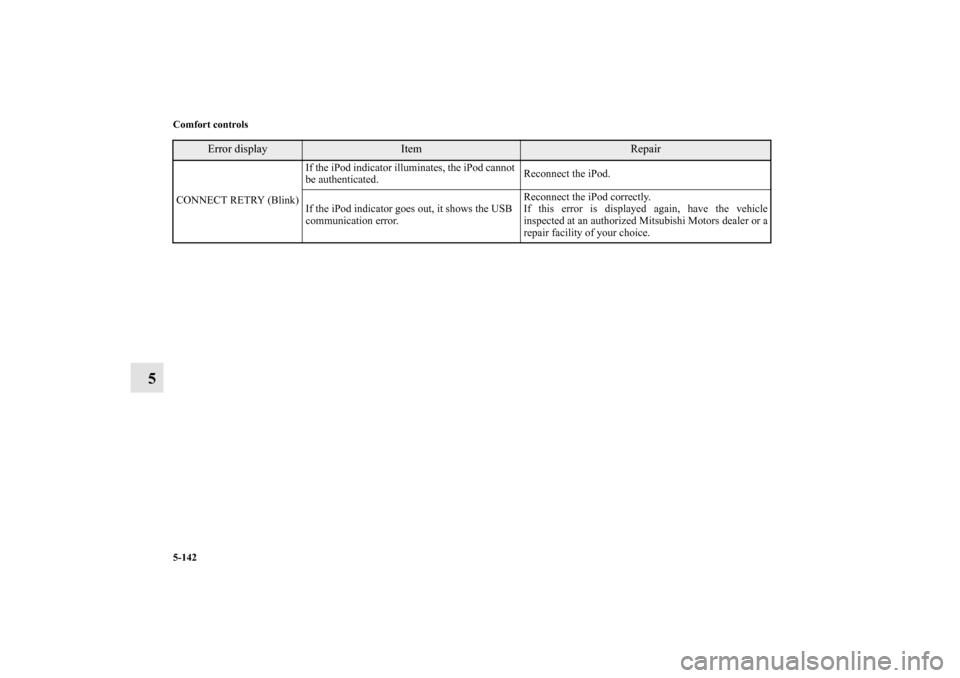 MITSUBISHI LANCER SE AWC 2013 8.G Owners Manual 5-142 Comfort controls
5
CONNECT RETRY (Blink)If the iPod indicator illuminates, the iPod cannot 
be authenticated.Reconnect the iPod. 
If the iPod indicator goes out, it shows the USB 
communication 