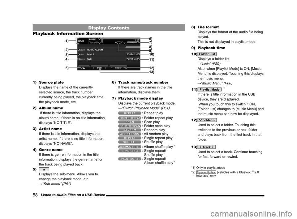 MITSUBISHI LANCER SE AWC 2014 8.G Display Audio Manual 58 Listen to Audio Files on a USB Device
Display Contents
Playback Information Screen
2)
3)
4) 1) 7)
10)11)
12)13) 9)
8)
5)
6)
1) Source plate
Displays the name of the currently
selected source, MITSUBISHI LANCER SE AWC 2014 8.G Display Audio Manual 58 Listen to Audio Files on a USB Device
Display Contents
Playback Information Screen
2)
3)
4) 1) 7)
10)11)
12)13) 9)
8)
5)
6)
1) Source plate
Displays the name of the currently
selected source,
