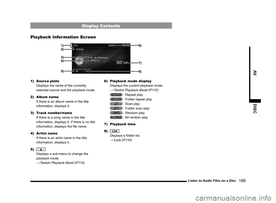 MITSUBISHI LANCER SE AWC 2014 8.G MMCS Manual Listen to Audio Files on a Disc 109
AVDISC
Display Contents
Playback Information Screen
2)1)
3)
4)
5) 6)8)
7)
1)
Source plate
Displays the name of the currently
selected source and the playback MITSUBISHI LANCER SE AWC 2014 8.G MMCS Manual Listen to Audio Files on a Disc 109
AVDISC
Display Contents
Playback Information Screen
2)1)
3)
4)
5) 6)8)
7)
1)
Source plate
Displays the name of the currently
selected source and the playback