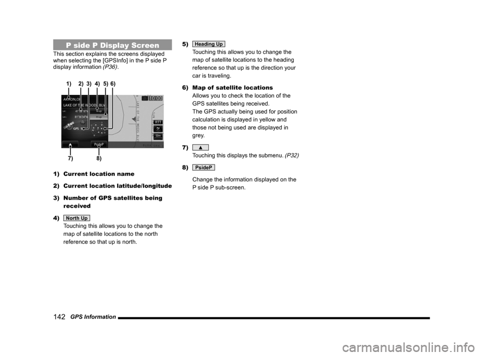MITSUBISHI LANCER SE AWC 2014 8.G MMCS Manual 142   GPS Information
P side P Display Screen
This section explains the screens displayed 
when selecting the [GPSInfo] in the P side P 
display information 
(P36).
7)8)
3)
2)
4)5)
1)6)
1)  Current lo