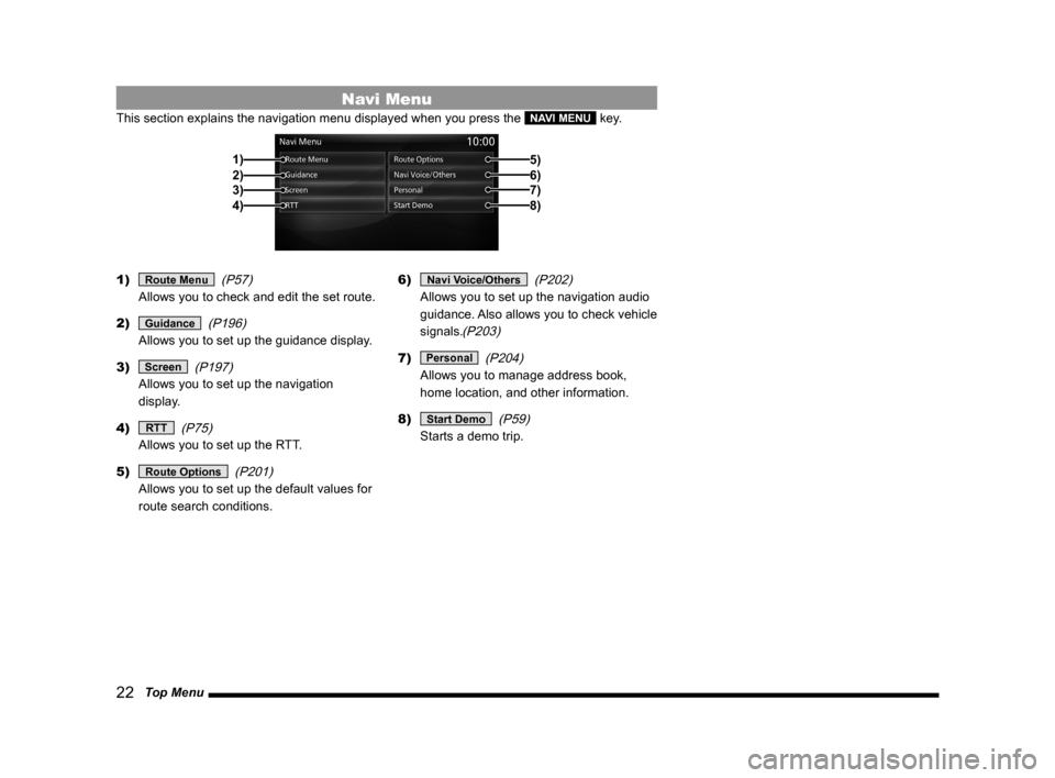 MITSUBISHI LANCER SE AWC 2014 8.G MMCS Manual 22   Top Menu
Navi Menu
This section explains the navigation menu displayed when you press the NAVI MENU key.
2)3)
4) 1)
5)6)7)8)
1) Route Menu  (P57) 
Allows you to check and edit the set route.
2) 
