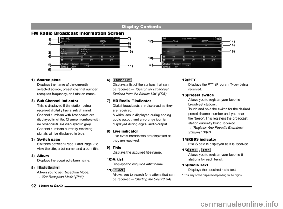 MITSUBISHI LANCER SE AWC 2014 8.G MMCS Manual 92   Listen to Radio
Display Contents
FM Radio Broadcast Information Screen
5)
3)
4) 1)
11) 9) 8)
10)
7)
6)
2)15)
13)
16)
14)12)
Î )
1) 
Source plate
  Displays the name of the currently 
selected s