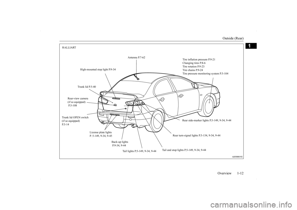 MITSUBISHI LANCER SE AWC 2014 8.G User Guide Outside (Rear) 
Overview 1-12
1
RALLIART 
Antenna P.7-62 
Tire inflation pressure P.9-21 Changing tires P.8-6 Tire rotation P.9-23Tire chains P.9-24 Tire pressure monitoring system P.5-104 
High-mount