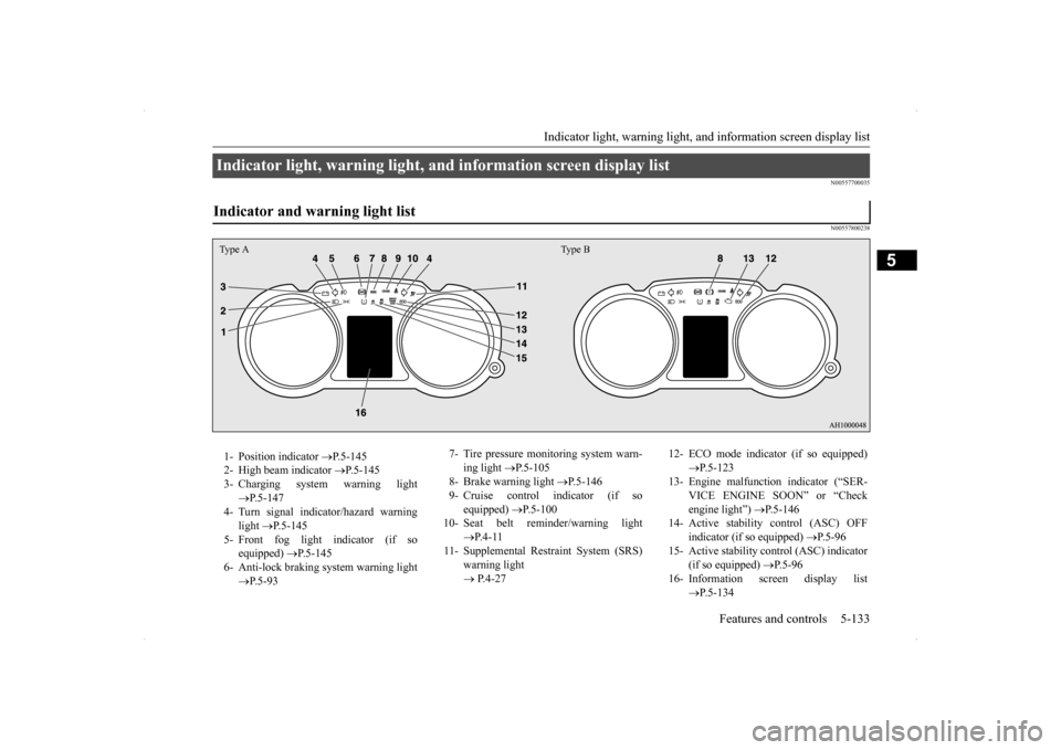 MITSUBISHI LANCER SE AWC 2014 8.G User Guide Indicator light, warning light, an
d information screen display list Features and controls 5-133
5
N00557700035 N00557800238
Indicator light, warning light, and information screen display list Indicat