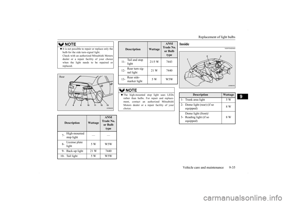 MITSUBISHI LANCER SE AWC 2014 8.G Owners Manual Replacement of light bulbs
Vehicle care and maintenance 9-35
9
N00950400460
NOTE
It is not possible to re
pair or replace only the
bulb for the side turn-signal light. Check with an authorized M MITSUBISHI LANCER SE AWC 2014 8.G Owners Manual Replacement of light bulbs
Vehicle care and maintenance 9-35
9
N00950400460
NOTE
It is not possible to re
pair or replace only the
bulb for the side turn-signal light. Check with an authorized M