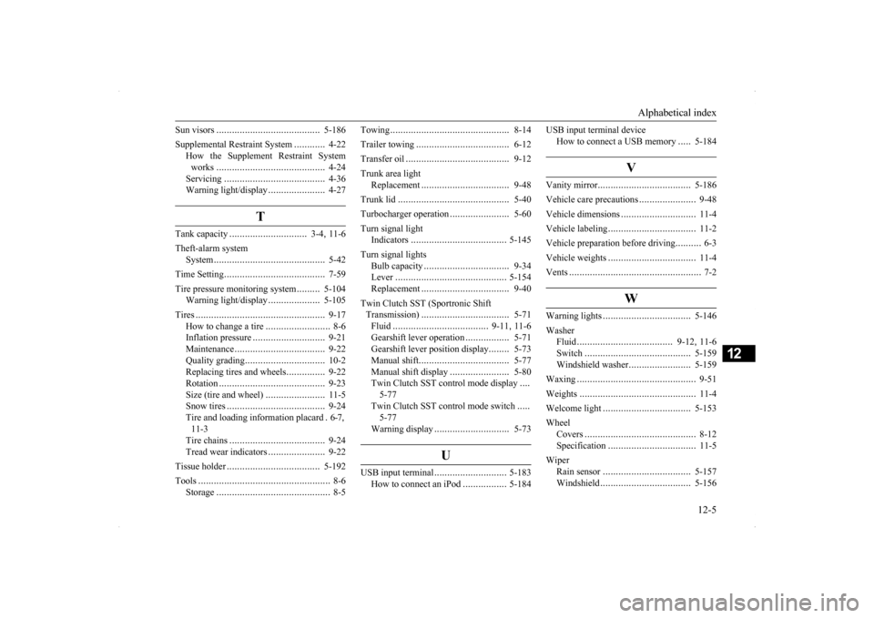 MITSUBISHI LANCER SE AWC 2014 8.G Owners Manual Alphabetical index 
12-5
12
Sun visors 
.....................
...................
5-186 
Supplemental Restraint System 
............
4-22 
How the Supplement Restraint System works 
..................