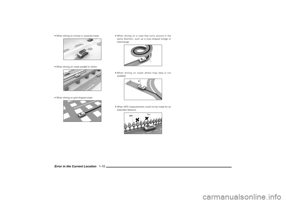 MITSUBISHI LANCER SPORTBACK 2010 8.G MMCS Manual Error in the Current Location   1-10 When driving on snowy or unpaved roads When driving on roads parallel to others When driving on grid-shaped roads
 When driving on a road that turns around in 