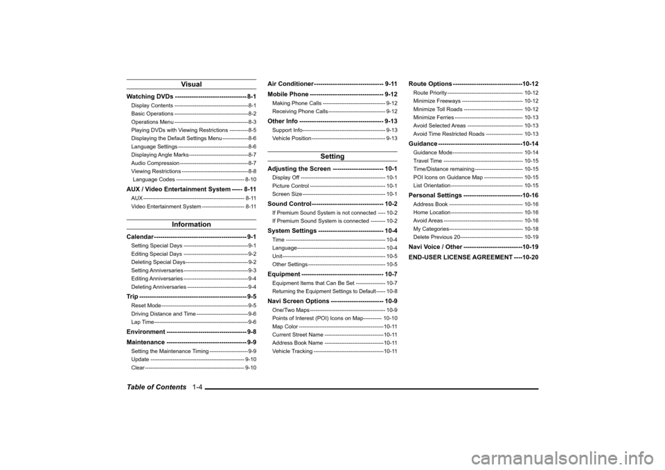 MITSUBISHI LANCER SPORTBACK 2010 8.G MMCS Manual Table of Contents   1-4
Visual
Watching DVDs ---------------------------------- 8-1Display Contents ---------------------------------------- 8-1
Basic Operations --------------------------------------