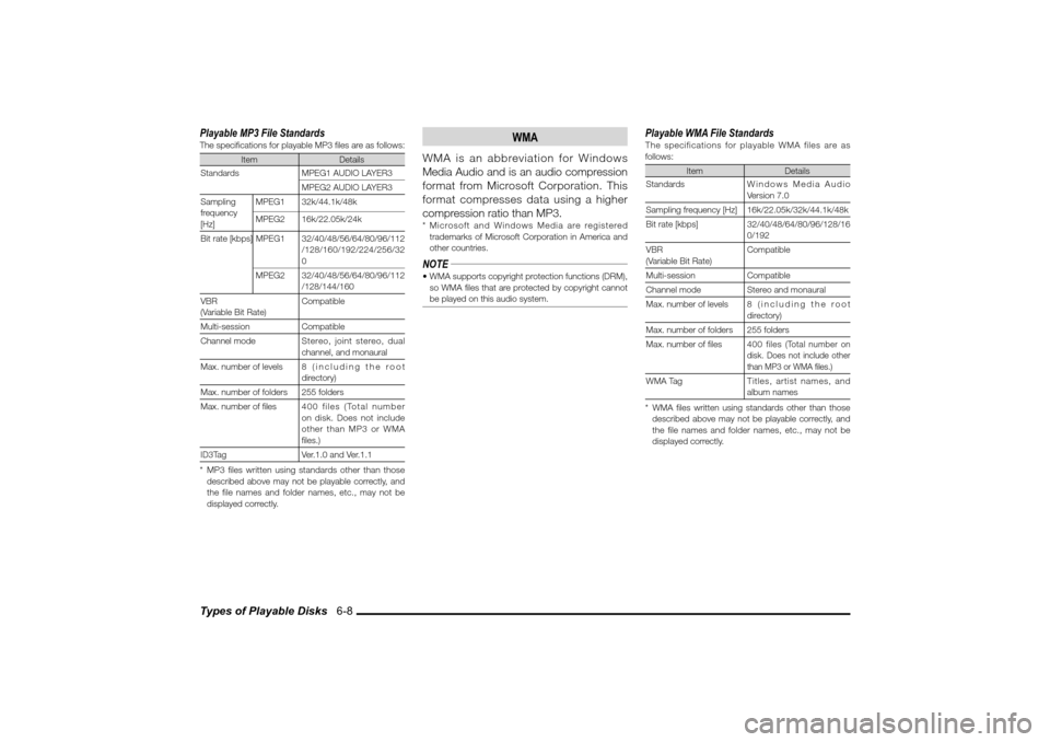 MITSUBISHI LANCER SPORTBACK 2010 8.G MMCS Manual Types of Playable Disks   6-8 Playable MP3 File StandardsThe speci� cations for playable MP3 � les are as follows:
Item Details
Standards MPEG1 AUDIO LAYER3
MPEG2 AUDIO LAYER3
Sampling 
frequency 
[Hz