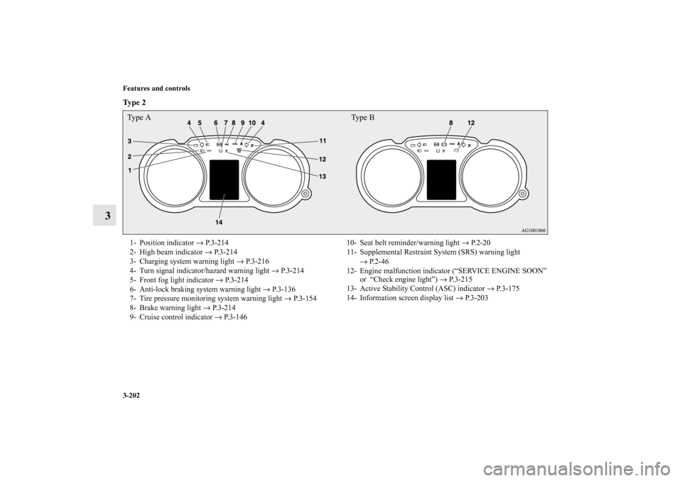 MITSUBISHI LANCER SPORTBACK 2010 8.G Owners Manual 3-202 Features and controls
3
Ty p e  2
  Type A Type B1- Position indicator → P.3-214
2- High beam indicator → P.3-214
3- Charging system warning light → P.3-216
4- Turn signal indicator/hazard
