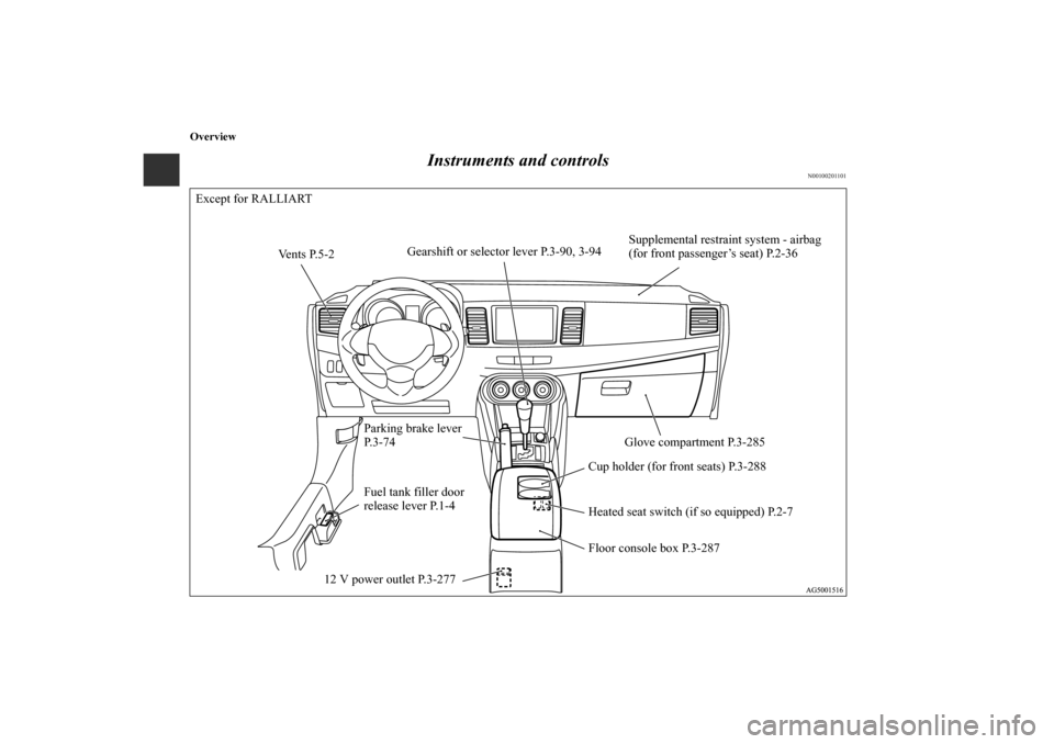 MITSUBISHI LANCER SPORTBACK 2010 8.G Owners Manual Overview
Instruments and controls
N00100201101
Glove compartment P.3-285
Floor console box P.3-287 Fuel tank filler door 
release lever P.1-4
12 V power outlet P.3-277Supplemental restraint system - a