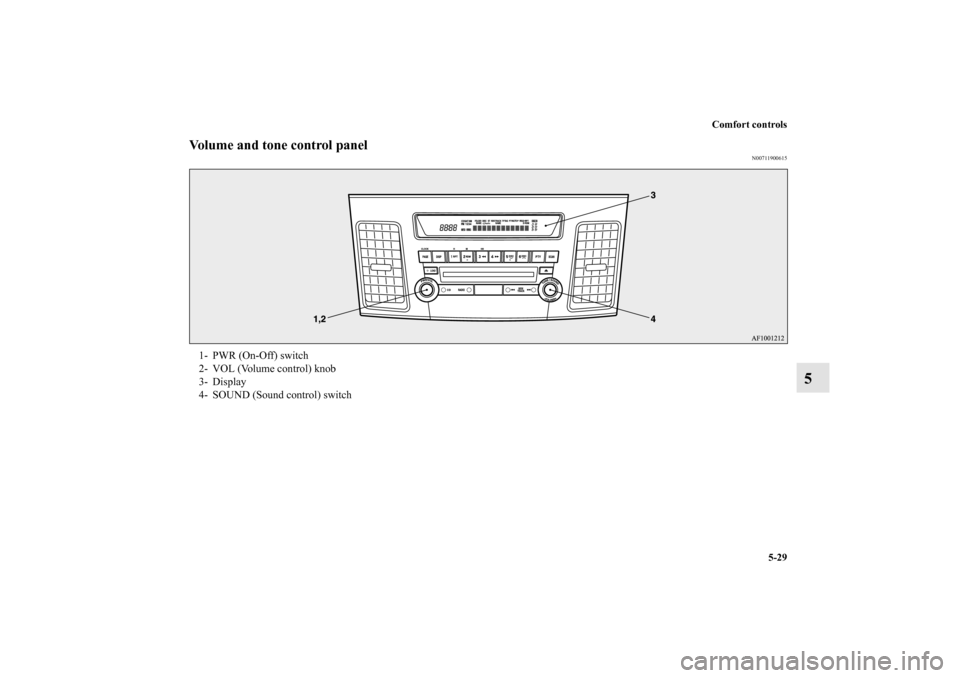MITSUBISHI LANCER SPORTBACK 2010 8.G Owners Manual Comfort controls
5-29
5
Volume and tone control panel
N00711900615
1- PWR (On-Off) switch
2- VOL (Volume control) knob
3- Display
4- SOUND (Sound control) switch
BK0103001US.book  29 ページ  ２０