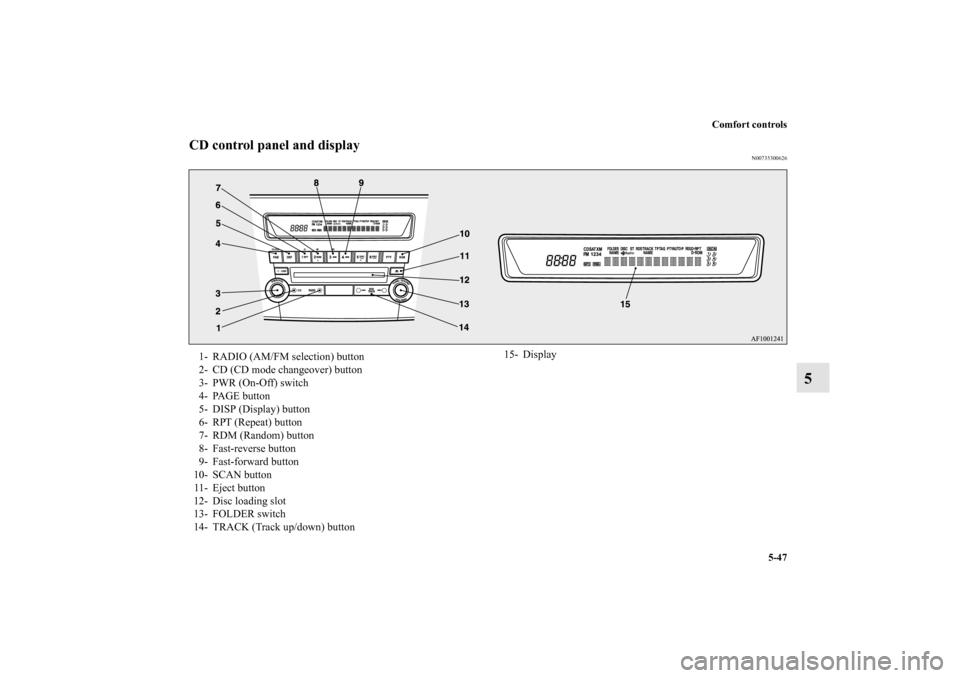 MITSUBISHI LANCER SPORTBACK 2010 8.G Owners Manual Comfort controls
5-47
5
CD control panel and display
N00735300626
1- RADIO (AM/FM selection) button
2- CD (CD mode changeover) button
3- PWR (On-Off) switch
4- PAGE button
5- DISP (Display) button
6- 