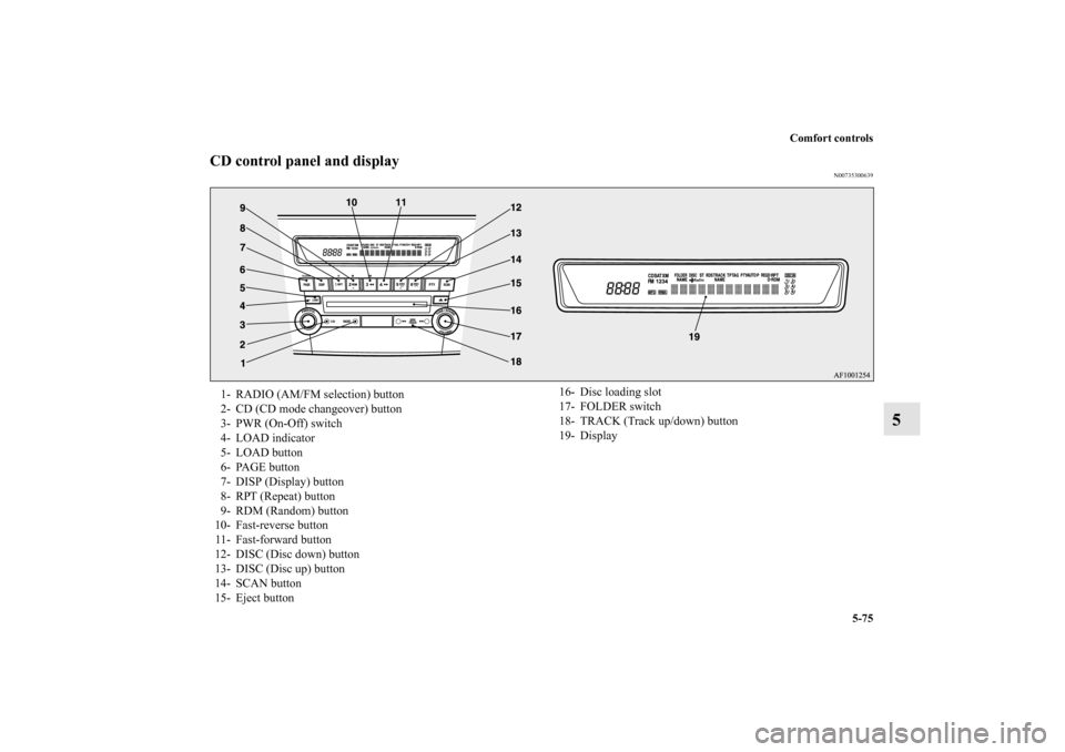 MITSUBISHI LANCER SPORTBACK 2010 8.G Owners Manual Comfort controls
5-75
5
CD control panel and display
N00735300639
1- RADIO (AM/FM selection) button
2- CD (CD mode changeover) button
3- PWR (On-Off) switch
4- LOAD indicator
5- LOAD button
6- PAGE bu
