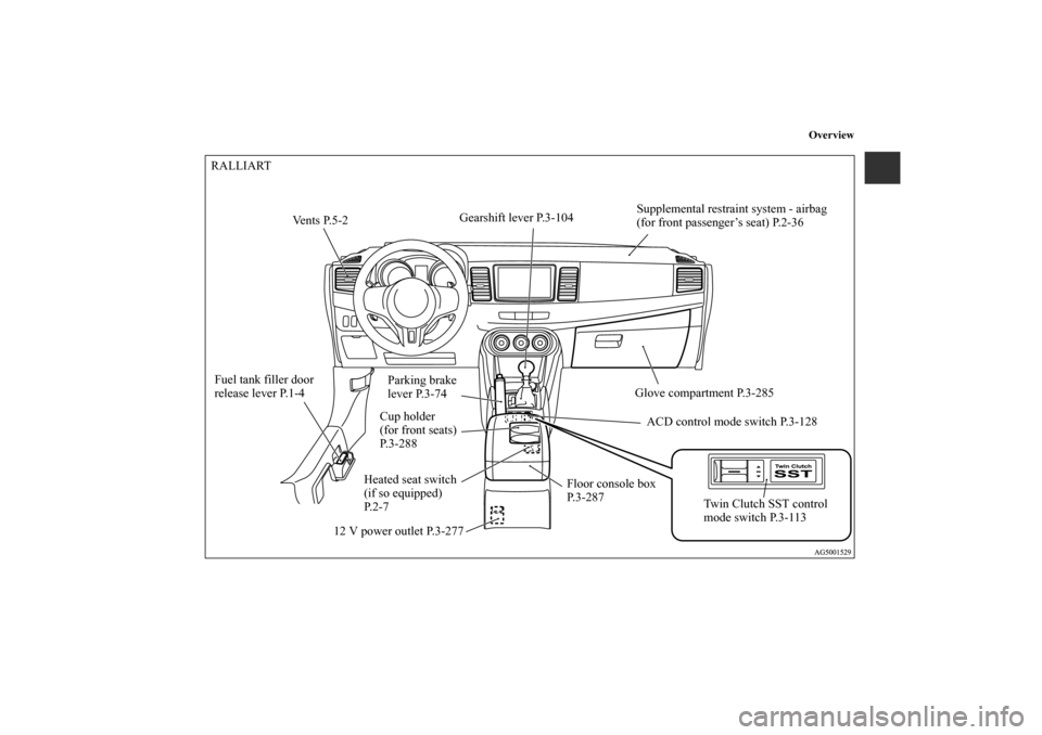 MITSUBISHI LANCER SPORTBACK 2010 8.G Owners Manual Overview
Glove compartment P.3-285
Twin Clutch SST control 
mode switch P.3-113 Heated seat switch 
(if so equipped) 
P. 2 - 7
12 V power outlet P.3-277Supplemental restraint system - airbag 
(for fro