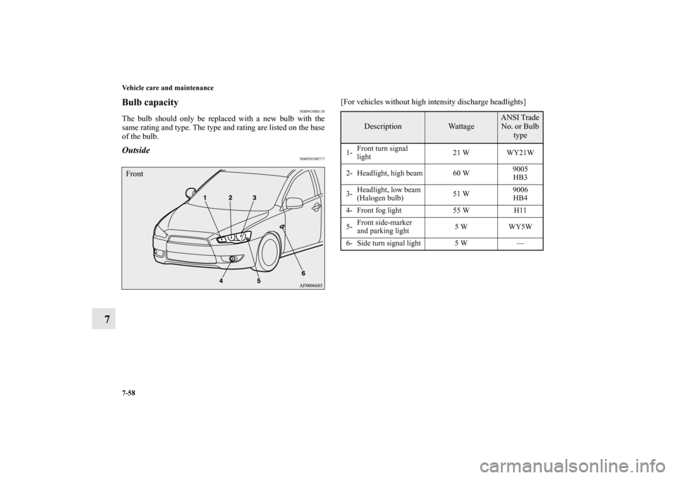 MITSUBISHI LANCER SPORTBACK 2010 8.G Owners Manual 7-58 Vehicle care and maintenance
7
Bulb capacity
N00943000158
The bulb should only be replaced with a new bulb with the
same rating and type. The type and rating are listed on the base
of the bulb.Ou