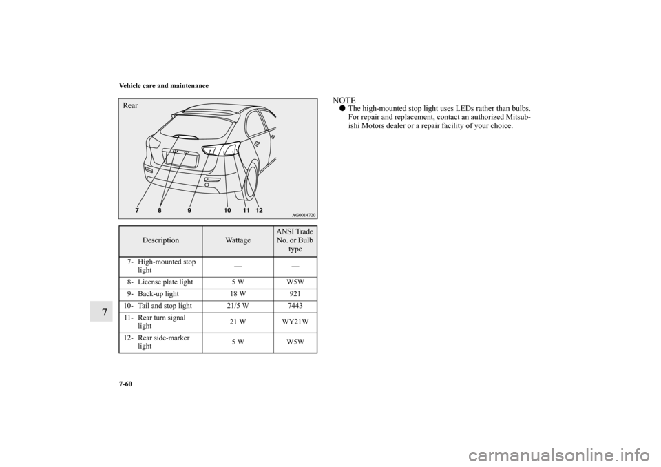 MITSUBISHI LANCER SPORTBACK 2010 8.G Owners Manual 7-60 Vehicle care and maintenance
7
NOTE
The high-mounted stop light uses LEDs rather than bulbs.
For repair and replacement, contact an authorized Mitsub-
ishi Motors dealer or a repair facility of 