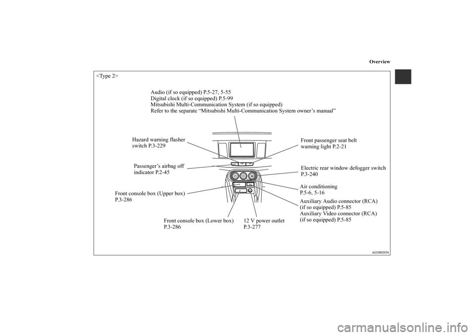 MITSUBISHI LANCER SPORTBACK 2010 8.G Owners Manual Overview
Audio (if so equipped) P.5-27, 5-55
Digital clock (if so equipped) P.5-99
Mitsubishi Multi-Communication System (if so equipped)
Refer to the separate “Mitsubishi Multi-Communication System