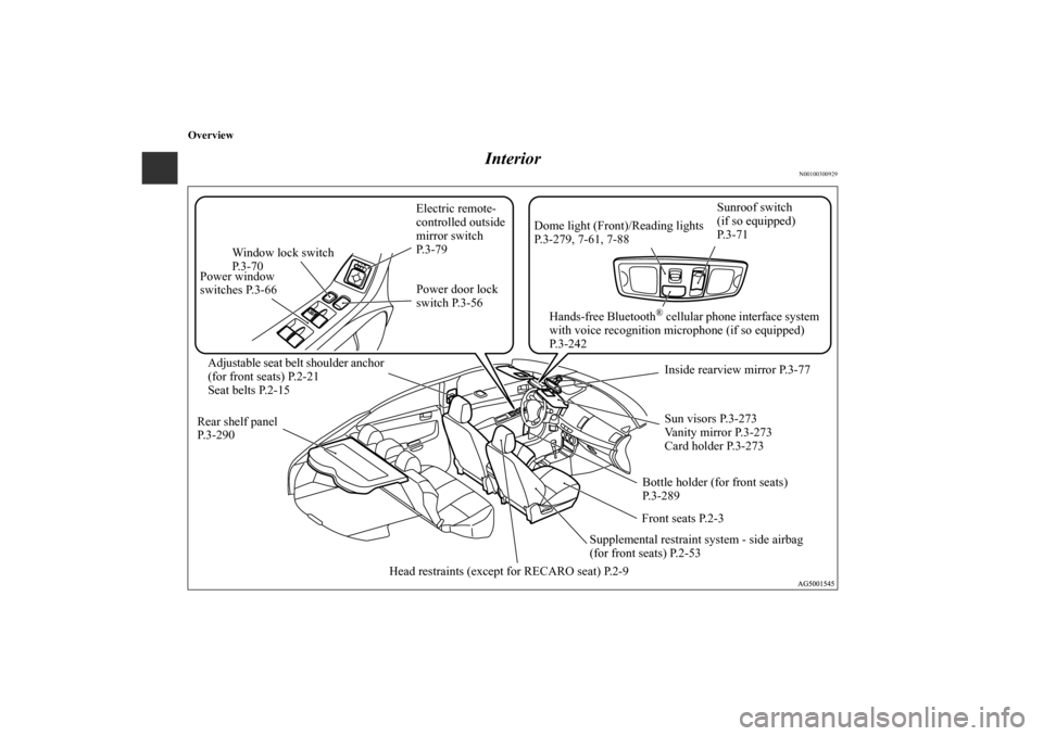 MITSUBISHI LANCER SPORTBACK 2010 8.G Owners Manual Overview
Interior
N00100300929
Adjustable seat belt shoulder anchor 
(for front seats) P.2-21
Seat belts P.2-15
Supplemental restraint system - side airbag
(for front seats) P.2-53Front seats P.2-3Sun