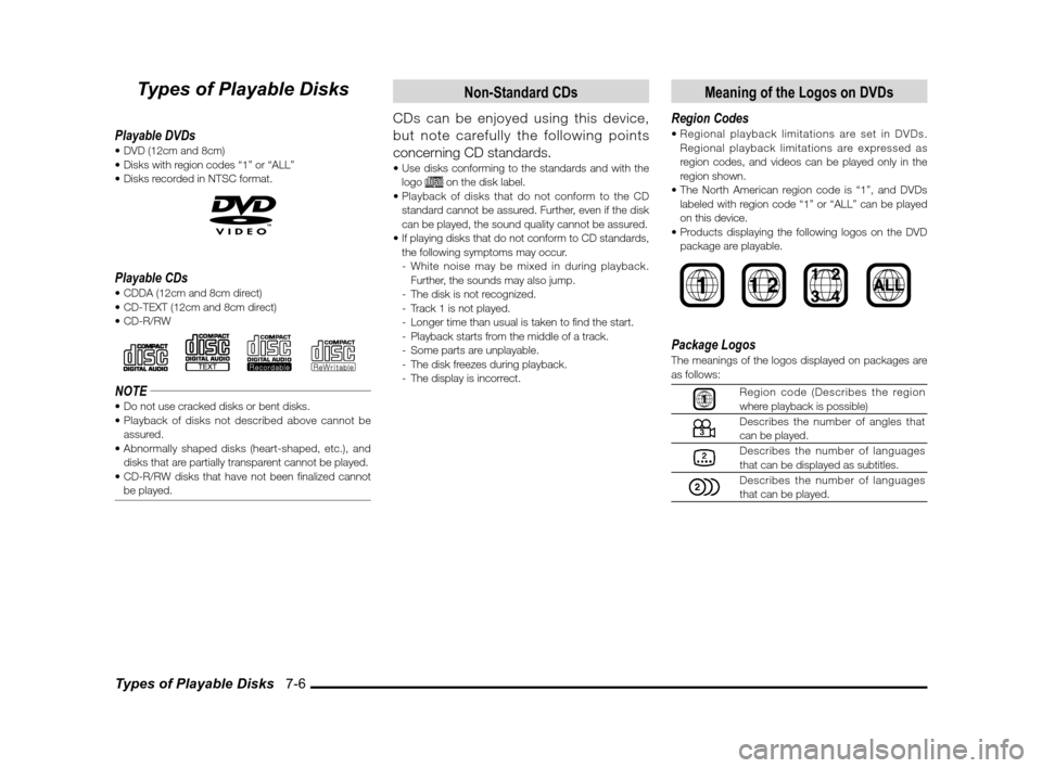 MITSUBISHI LANCER SPORTBACK 2011 8.G MMCS Manual Types of Playable Disks 7-6
Types of Playable Disks
Playable DVDs
Playable CDs
NOTE
assured.
disks that are partially transparent cannot be played.
be played.
Non-Standard CDs
CDs can be e MITSUBISHI LANCER SPORTBACK 2011 8.G MMCS Manual Types of Playable Disks 7-6
Types of Playable Disks
Playable DVDs
Playable CDs
NOTE
assured.
disks that are partially transparent cannot be played.
be played.
Non-Standard CDs
CDs can be e