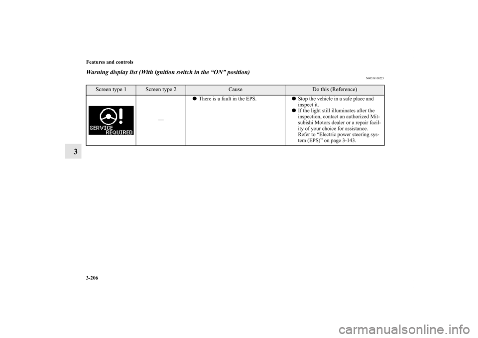 MITSUBISHI LANCER SPORTBACK 2011 8.G Owners Manual 3-206 Features and controls
3
Warning display list (With ignition switch in the “ON” position)
N00558100225
Screen type 1
Screen type 2
Cause
Do this (Reference)
—There is a fault in the EPS.S