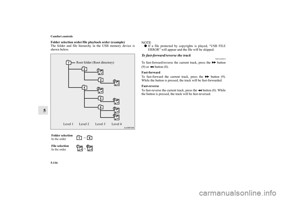 MITSUBISHI LANCER SPORTBACK 2011 8.G Owners Manual 5-116 Comfort controls
5
Folder selection order/file playback order (example)
The folder and file hierarchy in the USB memory device is
shown below.
NOTEIf a file protected by copyrights is played, 