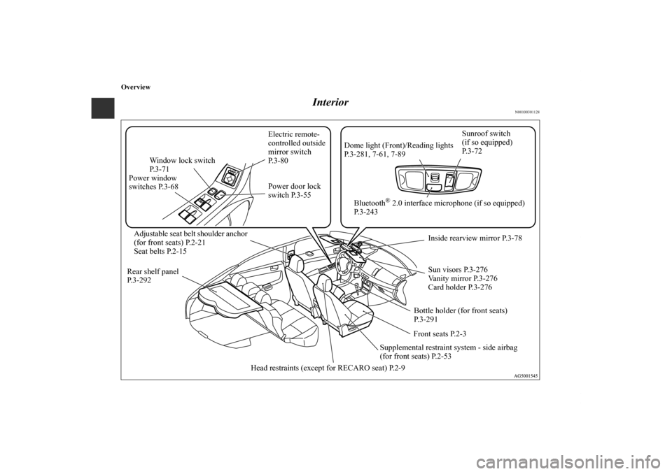 MITSUBISHI LANCER SPORTBACK 2011 8.G Owners Manual Overview
Interior
N00100301128
Adjustable seat belt shoulder anchor 
(for front seats) P.2-21
Seat belts P.2-15
Supplemental restraint system - side airbag
(for front seats) P.2-53Front seats P.2-3Sun