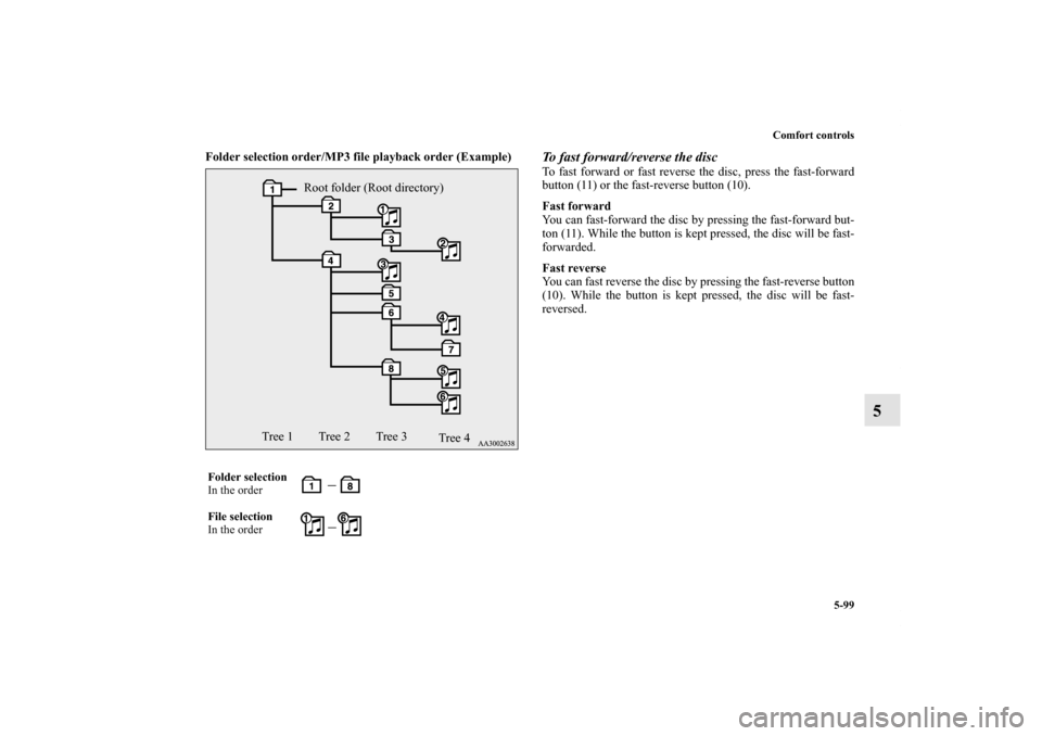 MITSUBISHI LANCER SPORTBACK 2013 8.G Owners Manual Comfort controls
5-99
5
Folder selection order/MP3 file playback order (Example)
  
To fast forward/reverse the discTo fast forward or fast reverse the disc, press the fast-forward
button (11) or the 