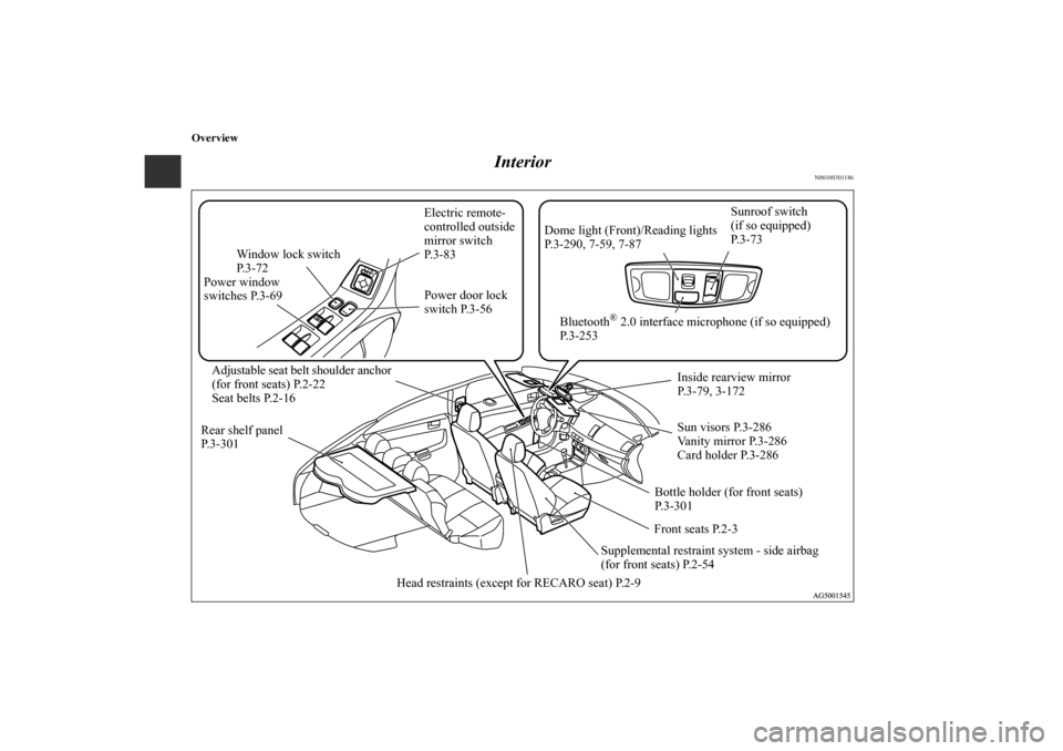 MITSUBISHI LANCER SPORTBACK 2013 8.G Owners Manual Overview
Interior
N00100301186
Adjustable seat belt shoulder anchor 
(for front seats) P.2-22
Seat belts P.2-16
Supplemental restraint system - side airbag
(for front seats) P.2-54Front seats P.2-3Sun