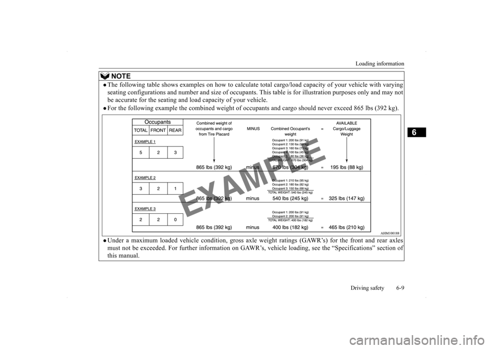 MITSUBISHI LANCER SPORTBACK 2014 8.G Owners Manual Loading information Driving safety 6-9
6
NOTE
The following table shows examples on how to calculate to
tal cargo/load capacity of your vehicle with varying
seating configurations and number and MITSUBISHI LANCER SPORTBACK 2014 8.G Owners Manual Loading information Driving safety 6-9
6
NOTE
The following table shows examples on how to calculate to
tal cargo/load capacity of your vehicle with varying
seating configurations and number and