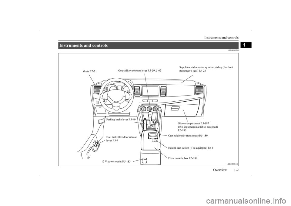 MITSUBISHI LANCER SPORTBACK 2014 8.G Owners Manual Instruments and controls 
Overview 1-2
1
N00100201390
Instruments and controls 
Supplemental restraint syst 
em - airbag (for front  
passenger’s seat) P.4-23 
Gearshift or selector lever P.5-59, 5-