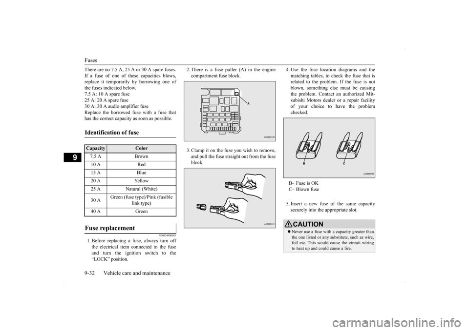MITSUBISHI LANCER SPORTBACK 2014 8.G Owners Manual Fuses 9-32 Vehicle care and maintenance
9
There are no 7.5 A, 25 A or 30 A spare fuses. If a fuse of one of these capacities blows, replace it temporarily by borrowing one of the fuses indicated below MITSUBISHI LANCER SPORTBACK 2014 8.G Owners Manual Fuses 9-32 Vehicle care and maintenance
9
There are no 7.5 A, 25 A or 30 A spare fuses. If a fuse of one of these capacities blows, replace it temporarily by borrowing one of the fuses indicated below