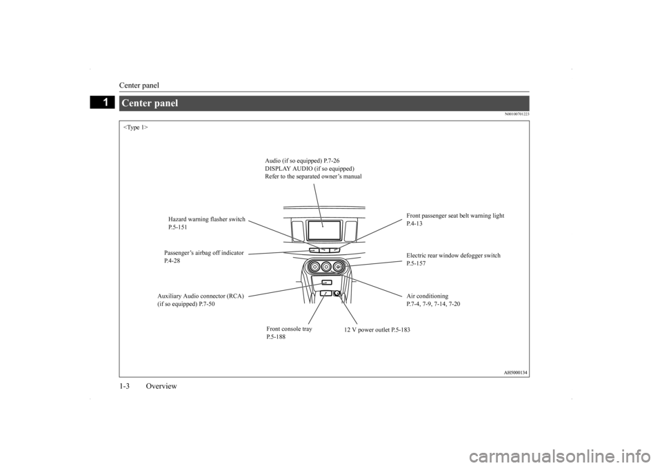 MITSUBISHI LANCER SPORTBACK 2014 8.G Owners Manual Center panel 1-3 Overview
1
N00100701223
Center panel <Type 1> 
Audio (if so equipped) P.7-26 DISPLAY AUDIO (if so equipped) Refer to the separated owner’s manual 
Front passenger seat belt warning 