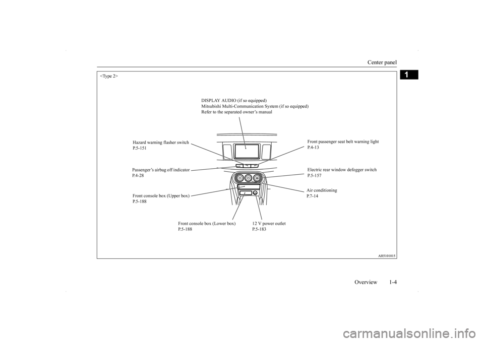 MITSUBISHI LANCER SPORTBACK 2014 8.G Owners Manual Center panel 
Overview 1-4
1
<Type 2> 
DISPLAY AUDIO (if so equipped) Mitsubishi Multi-Communication System (if so equipped) Refer to the separated owner’s manual 
Hazard warning flasher switch  P.5