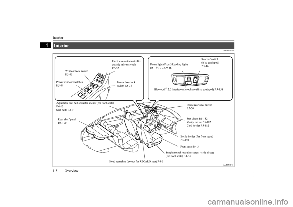 MITSUBISHI LANCER SPORTBACK 2014 8.G Owners Manual Interior 1-5 Overview
1
N00100302268
Interior 
Sunroof switch  (if so equipped) P.5-46 
Electric remote-controlled  outside mirror switch  P. 5 - 5 2 
Dome light (Front)/Reading lights  P.5-184, 9-35,