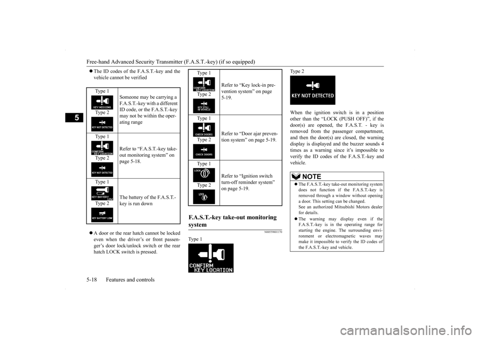 MITSUBISHI LANCER SPORTBACK 2014 8.G Manual Online Free-hand Advanced Security Transmitter (F.A.S.T.-key) (if so equipped) 5-18 Features and controls
5
 The ID codes of the F.A.S.T.-key and the vehicle cannot be verified  A door or the rear hatc