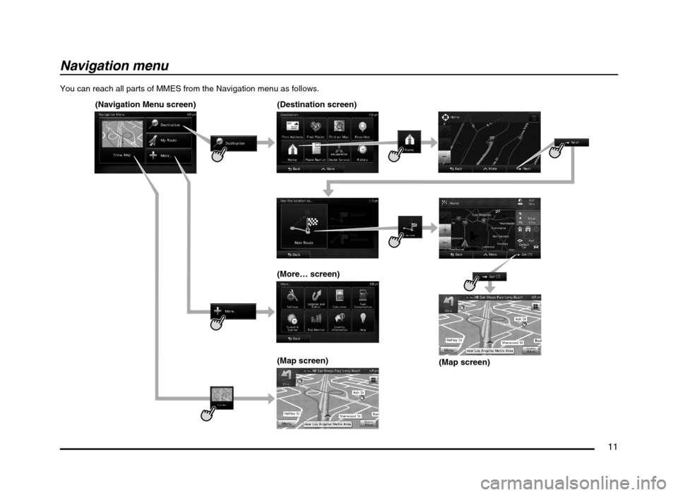 MITSUBISHI MIRAGE 2014 6.G MMCS Manual 11
Navigation menu
You can reach all parts of MMES from the Navigation menu as follows.
(Navigation Menu screen) (Destination screen)
(More… screen)
(Map screen)
(Map screen)
205-0010-00_QY-7375M-A_ MITSUBISHI MIRAGE 2014 6.G MMCS Manual 11
Navigation menu
You can reach all parts of MMES from the Navigation menu as follows.
(Navigation Menu screen) (Destination screen)
(More… screen)
(Map screen)
(Map screen)
205-0010-00_QY-7375M-A_