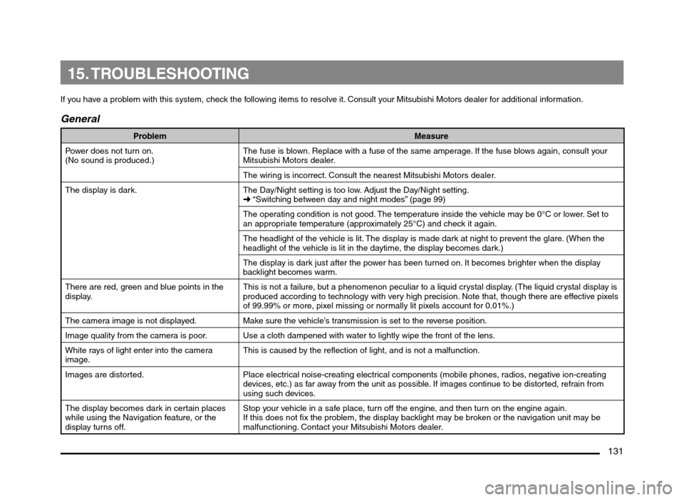 MITSUBISHI MIRAGE 2014 6.G MMCS Manual 131
15. TROUBLESHOOTING
If you have a problem with this system, check the following items to resolve it. Consult your Mitsubishi Motors dealer for additional information.
General
Problem Measure
Power MITSUBISHI MIRAGE 2014 6.G MMCS Manual 131
15. TROUBLESHOOTING
If you have a problem with this system, check the following items to resolve it. Consult your Mitsubishi Motors dealer for additional information.
General
Problem Measure
Power