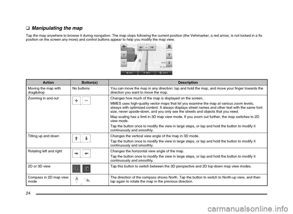 MITSUBISHI MIRAGE 2014 6.G MMCS Manual 24
qManipulating the map
Tap the map anywhere to browse it during navigation. The map stops following the current position (the Vehimarker, a red arrow, is not locked in a fix
position on the scree MITSUBISHI MIRAGE 2014 6.G MMCS Manual 24
qManipulating the map
Tap the map anywhere to browse it during navigation. The map stops following the current position (the Vehimarker, a red arrow, is not locked in a fix
position on the scree