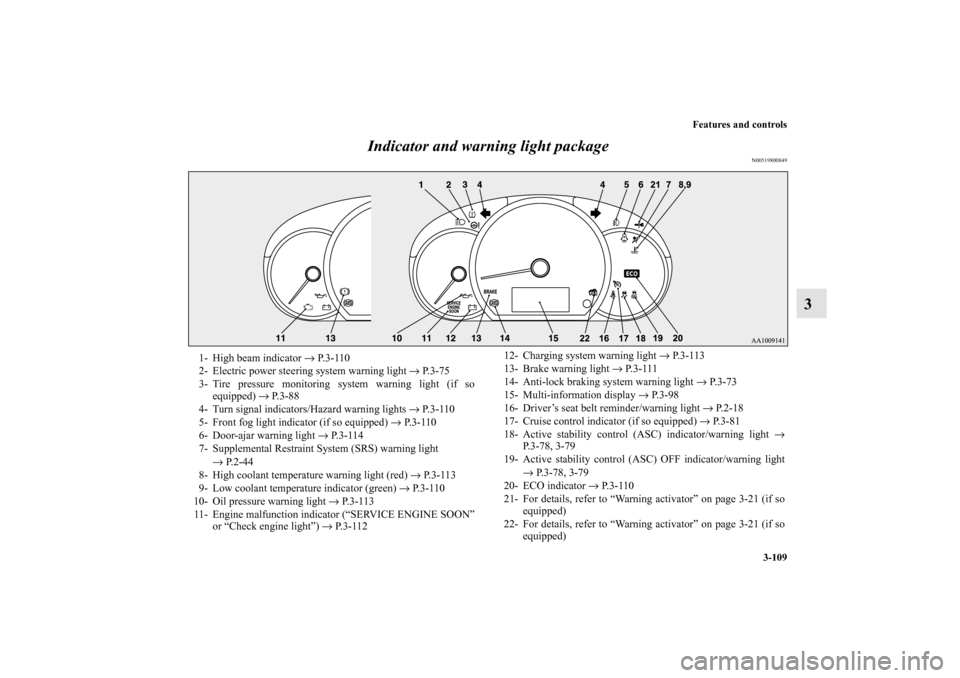 MITSUBISHI MIRAGE 2014 6.G Service Manual Features and controls
3-109
3 Indicator and warning light package
N00519800849
1- High beam indicator → P. 3 - 1 1 0
2- Electric power steering system warning light → P.3-75
3- Tire pressure monit