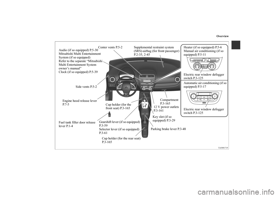 MITSUBISHI MIRAGE 2014 6.G Owners Manual Overview
Audio (if so equipped) P.5-30
Mitsubishi Multi Entertainment 
System (if so equipped)
Refer to the separate “Mitsubishi 
Multi Entertainment System 
owner’s manual”
Clock (if so equippe