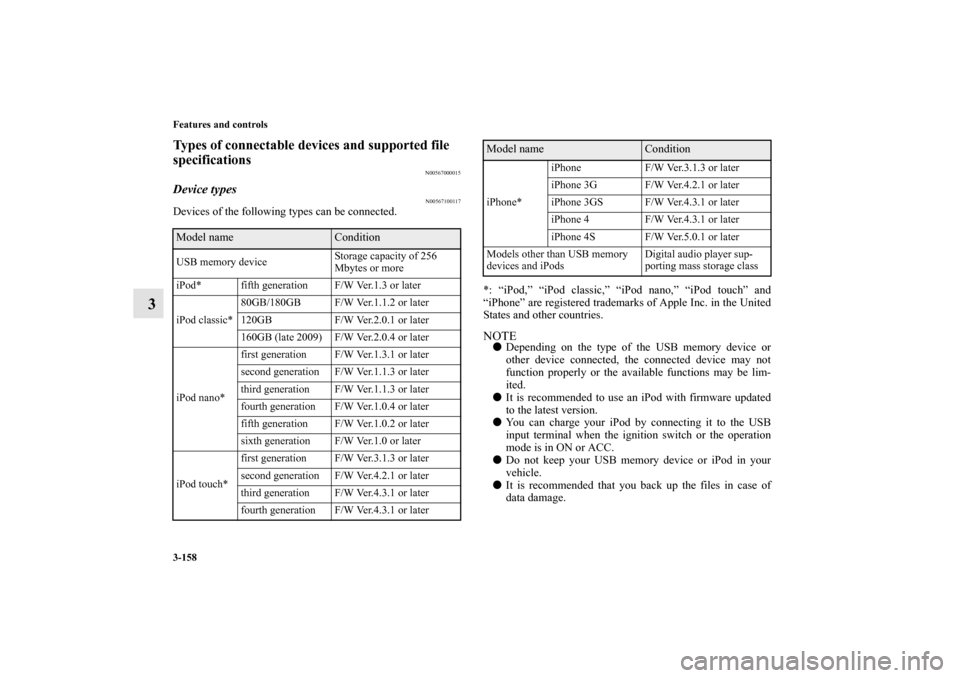 MITSUBISHI MIRAGE 2014 6.G Owners Manual 3-158 Features and controls
3
Types of connectable devices and supported file 
specifications
N00567000015
Device types
N00567100117
Devices of the following types can be connected.
*: “iPod,” “