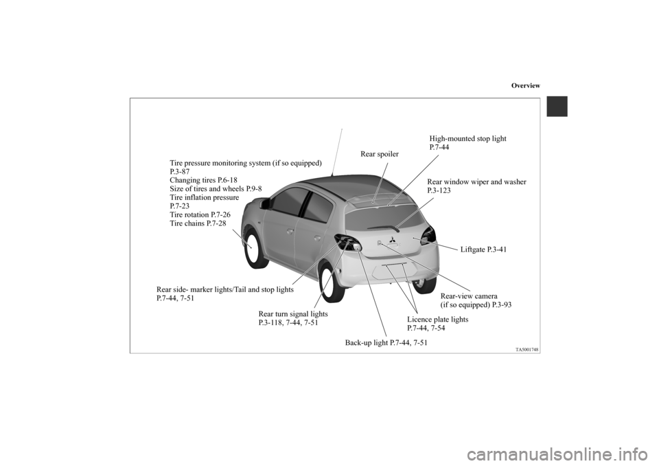 MITSUBISHI MIRAGE 2014 6.G Owners Manual Overview
Rear spoilerHigh-mounted stop light 
P. 7 - 4 4
Rear window wiper and washer 
P.3-123
Liftgate P.3-41
Rear-view camera
(if so equipped) P.3-93
Licence plate lights
P.7-44, 7-54
Back-up light 