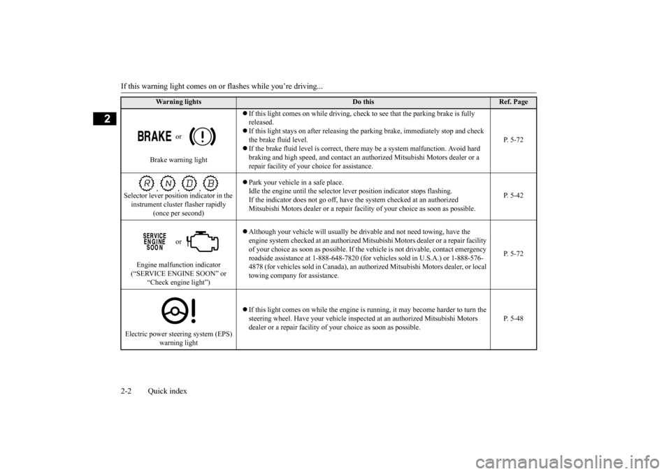 MITSUBISHI MIRAGE 2015 6.G User Guide If this warning light comes on or flashes while you’re driving... 2-2 Quick index
2
 or  
Brake warning light 
 If this light comes on while driving, chec
k to see that the parking brake is fully